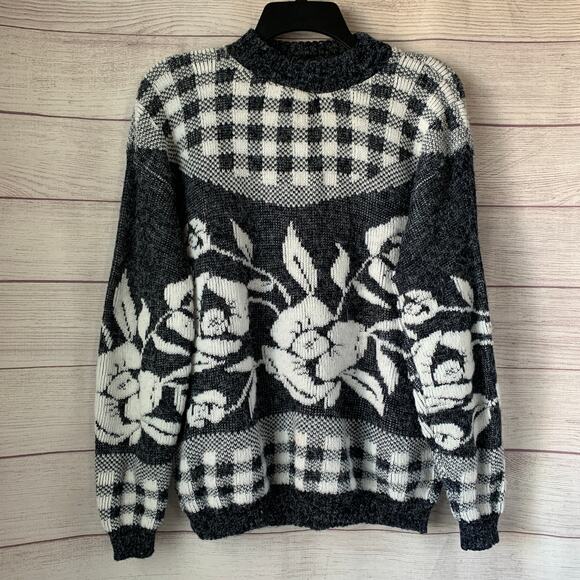 Vintage Nan Dorsey Gray and White Check and Floral Knit Sweater - Picture 1 of 15